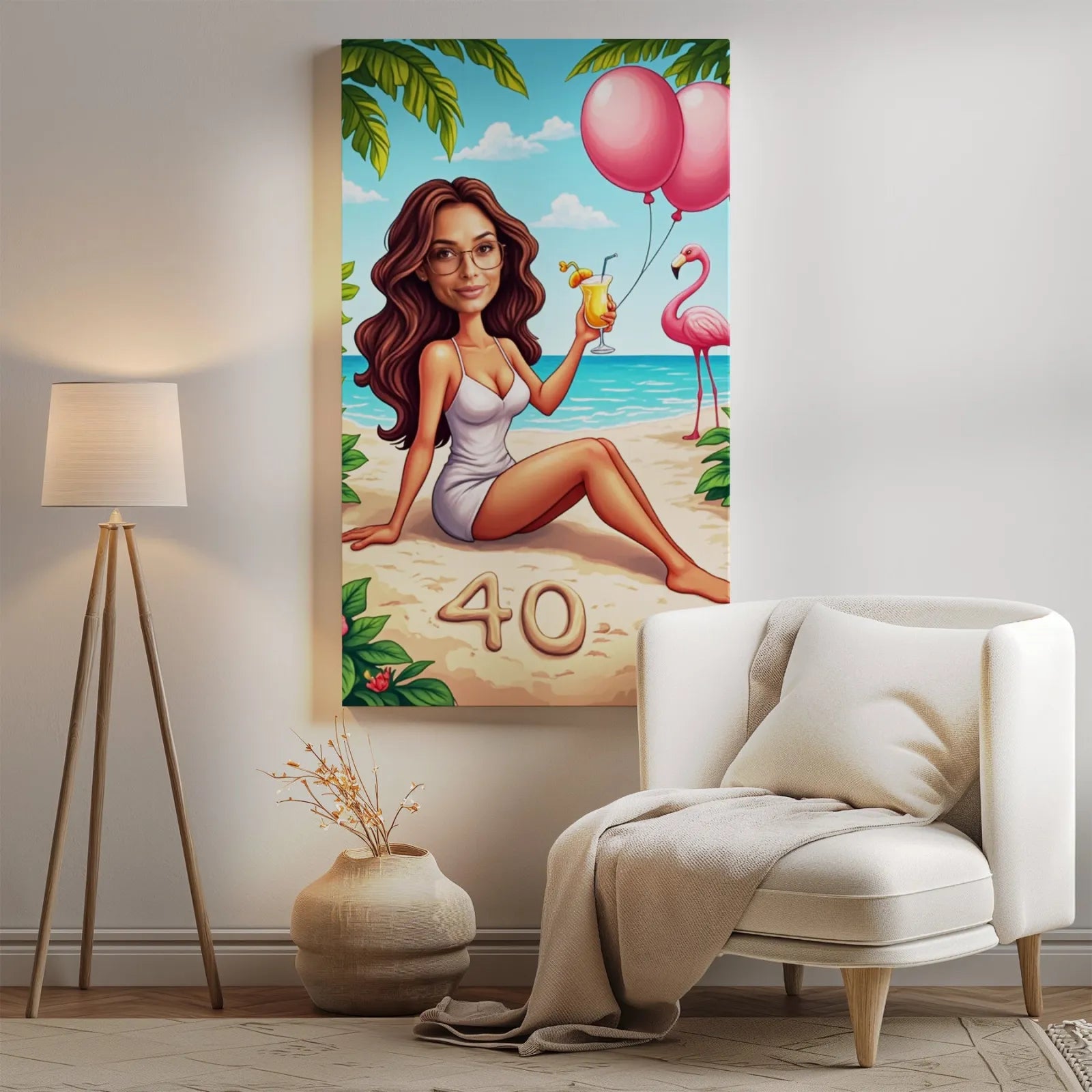 Kartoonowa portret kobiety na plaży z okazji urodzin, tropikalny klimat