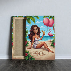 Canvas print of a woman on a beach celebrating 40th birthday in Tropikalna karykatura kobiety na urodziny
