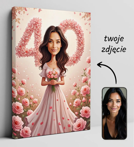 Personalizowana karykatura na 40 urodziny na płótnie kobiety w ogrodzie róż