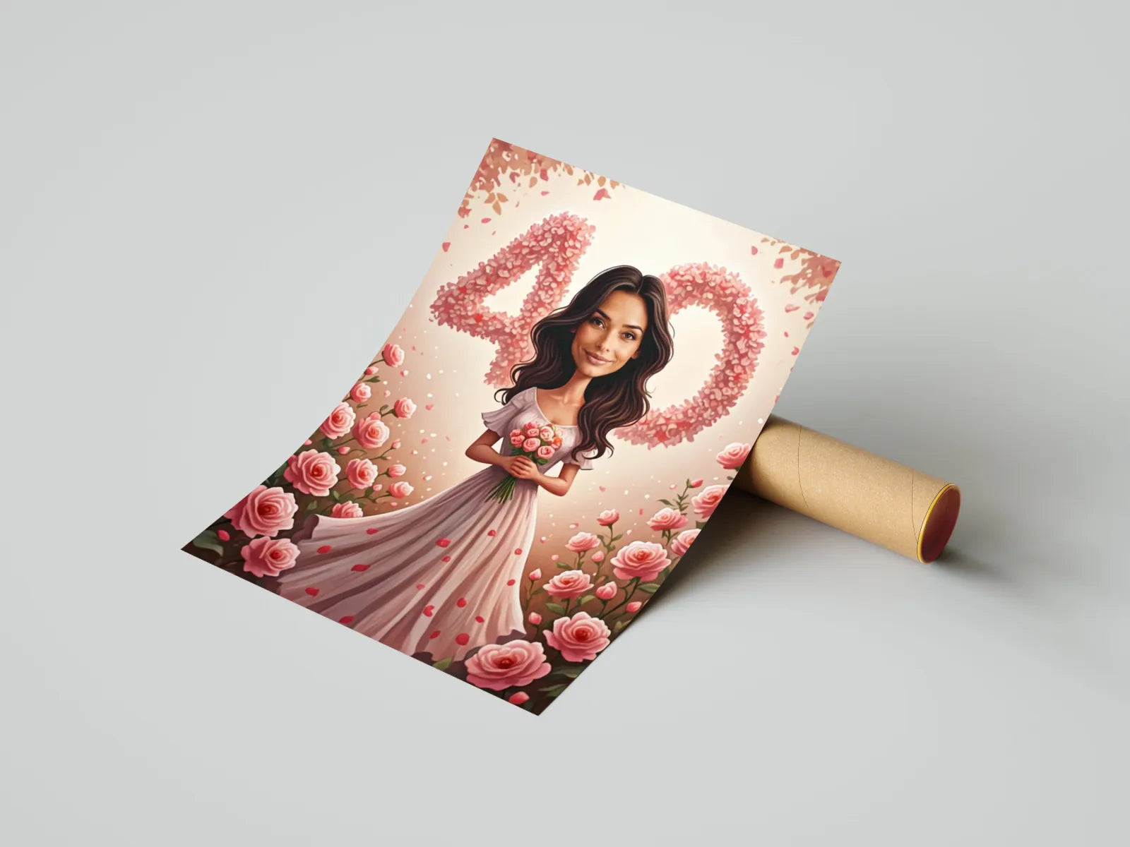 Floralny 40. urodzinowy plakat kobiety w ogrodzie róż na Urodzinowa karykatura kobiety w ogrodzie róż