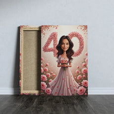 Canvas print z kobietą wśród róż i numerem 40 na urodziny kobiety w ogrodzie róż