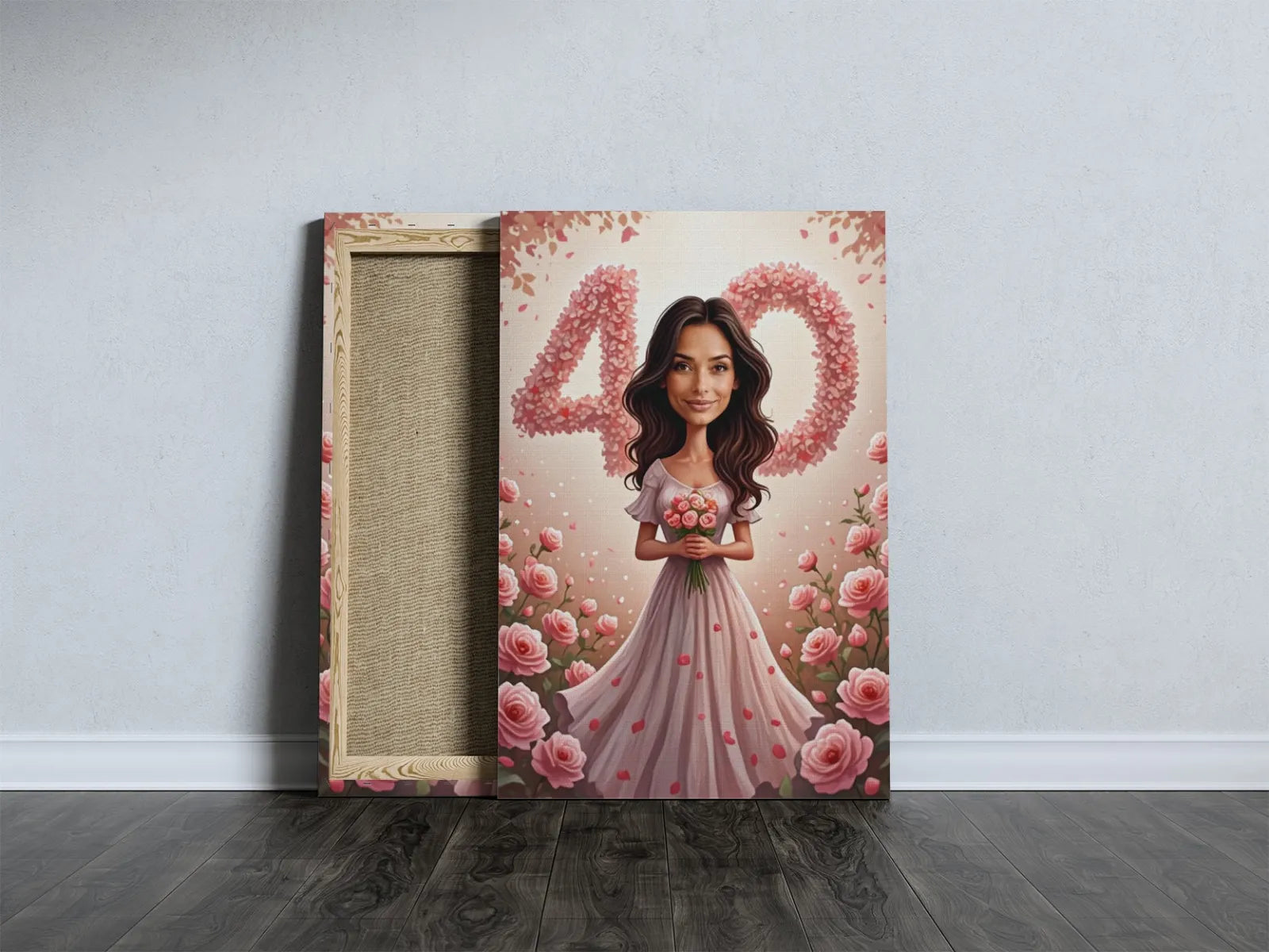Canvas print z kobietą wśród róż i numerem 40 na urodziny kobiety w ogrodzie róż