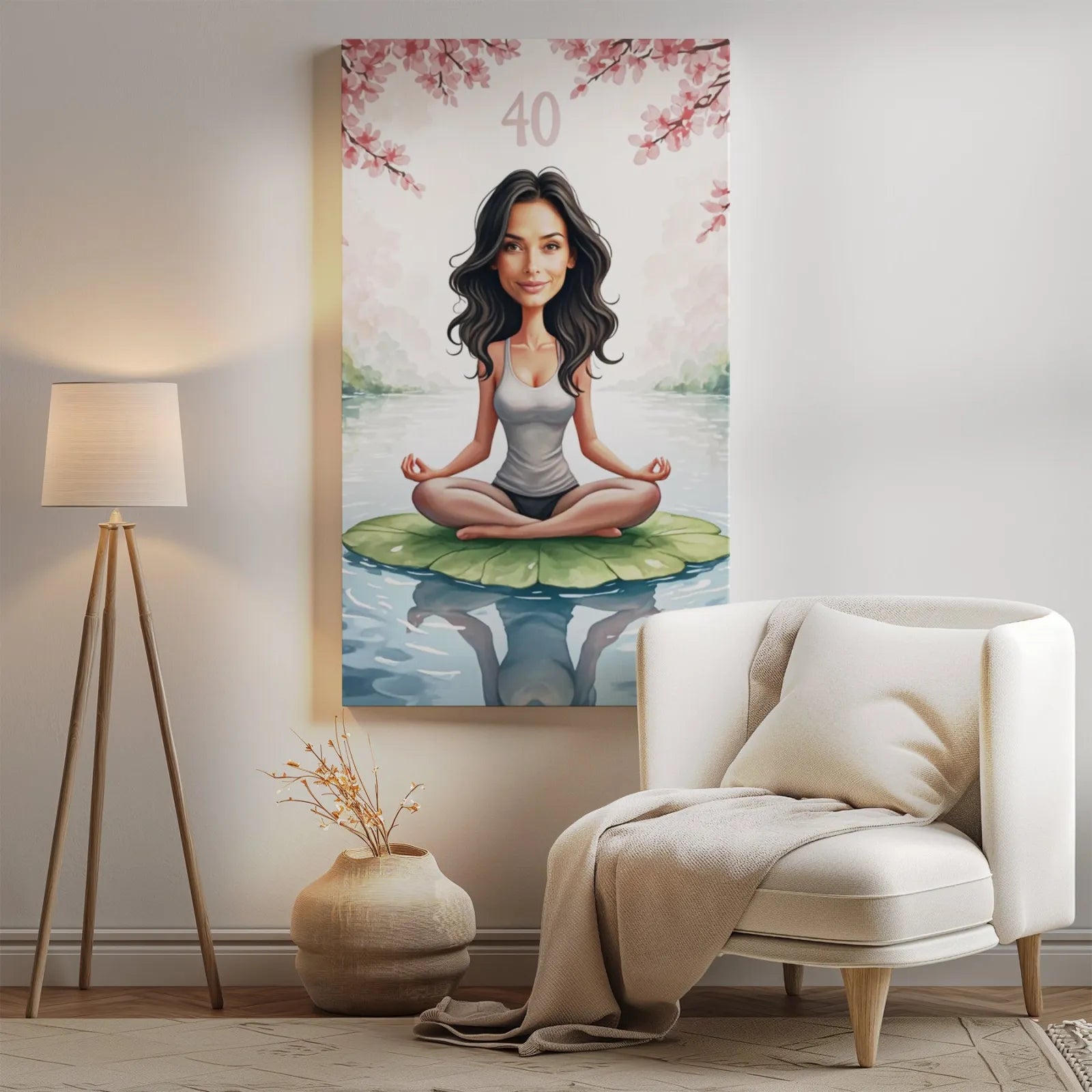 Karykatura kobiety w stylu zen wykonującej cartoon yoga portret na prezent