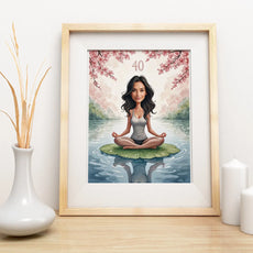 Framed cartoon of woman meditating for Urodzinowa karykatura kobiety w stylu zen