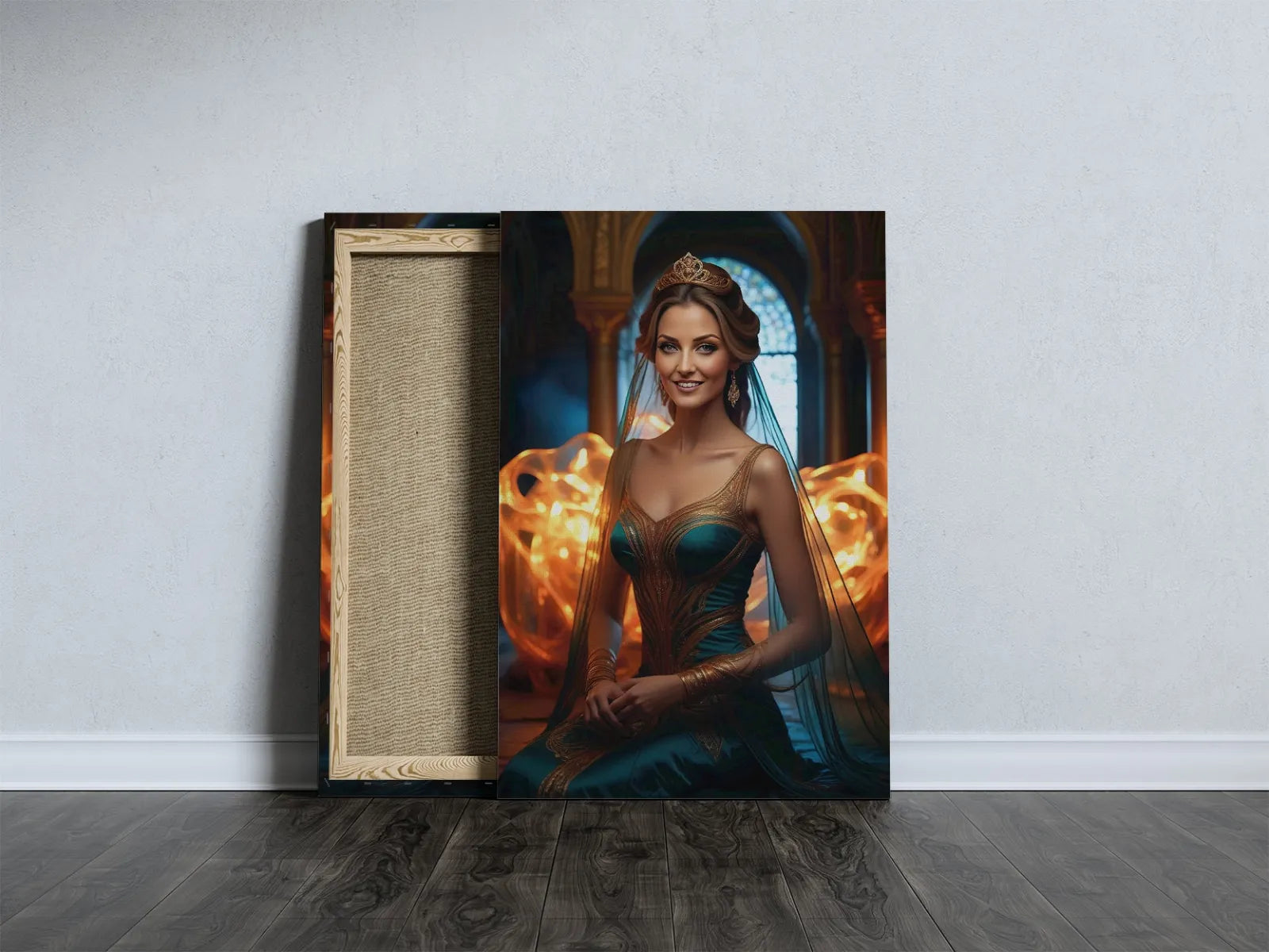 Kanwa portret kobiety w teal dress na prezent urodzinowy Wyjątkowy portret kobiety