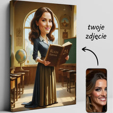 Personalizowana nauczycielska karikatura na płótnie jako prezent na zakończenie roku szkolnego
