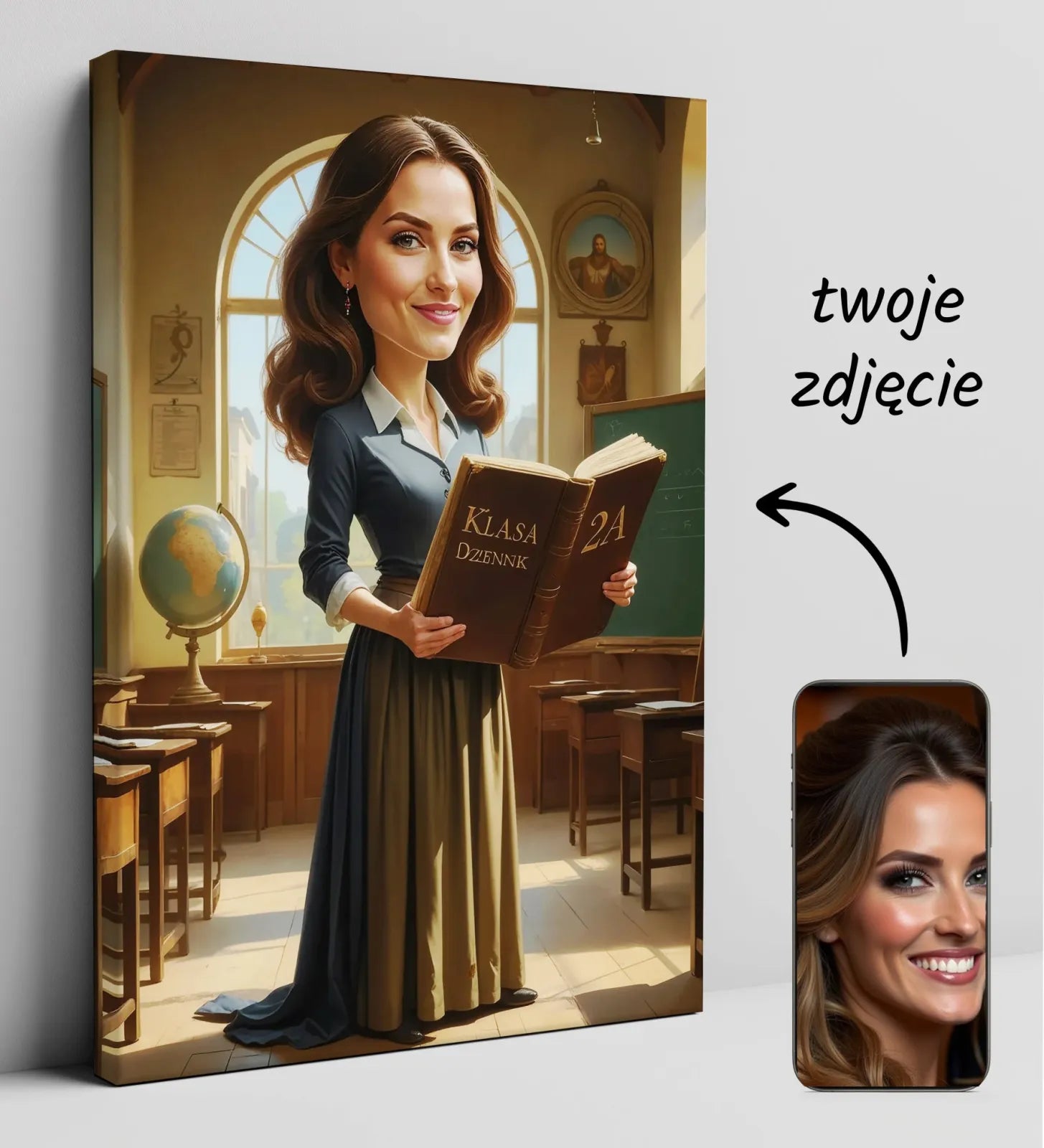 Personalizowana nauczycielska karikatura na płótnie jako prezent na zakończenie roku szkolnego