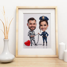 Oprawiony print karykatury ślubnej panna młoda policjantka i pan młody więzień