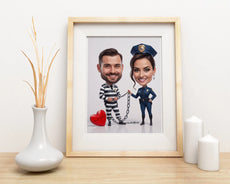 Oprawiony print karykatury ślubnej panna młoda policjantka i pan młody więzień