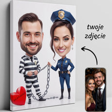 Caricature na płótnie z motywem ślubnym Panna Młoda Policjantka i Pan Młody Więzień