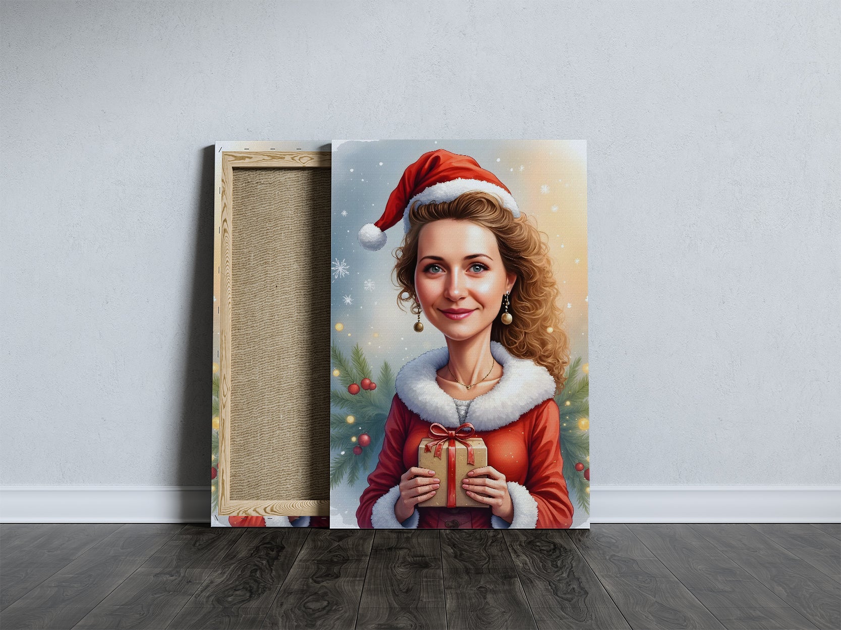 Portret kobiety z prezentem w stroju Mikołajki