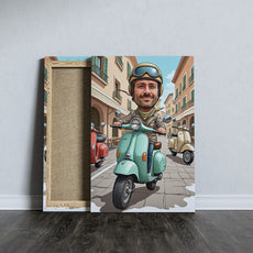 Portret karykatura ze zdjęcia – Włoski styl na skuterze