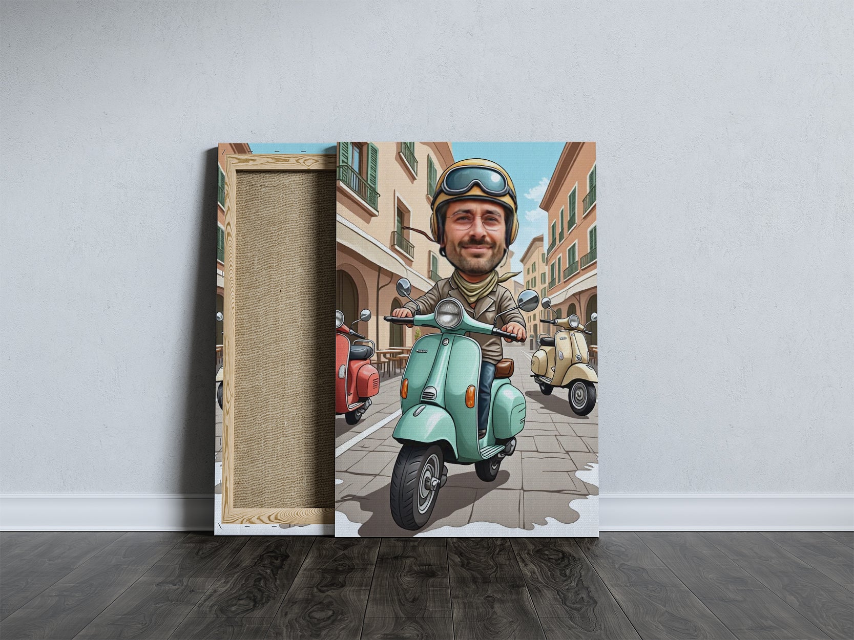 Portret karykatura ze zdjęcia – Włoski styl na skuterze